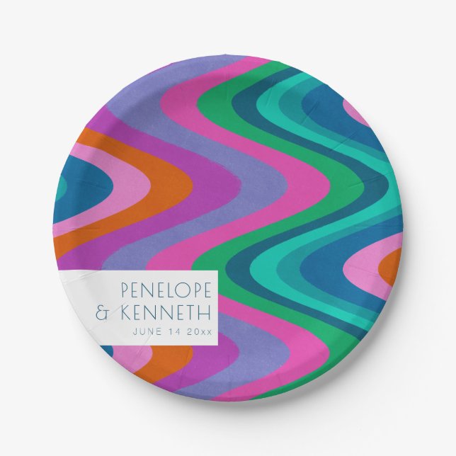 Groovy Colourful Green Purple Retro Wedding Custom Paper Plate (Front)