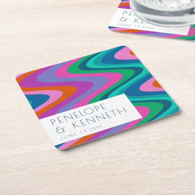 Groovy Colourful Green Purple Retro Wedding Custom Square Paper Coaster (Angled)