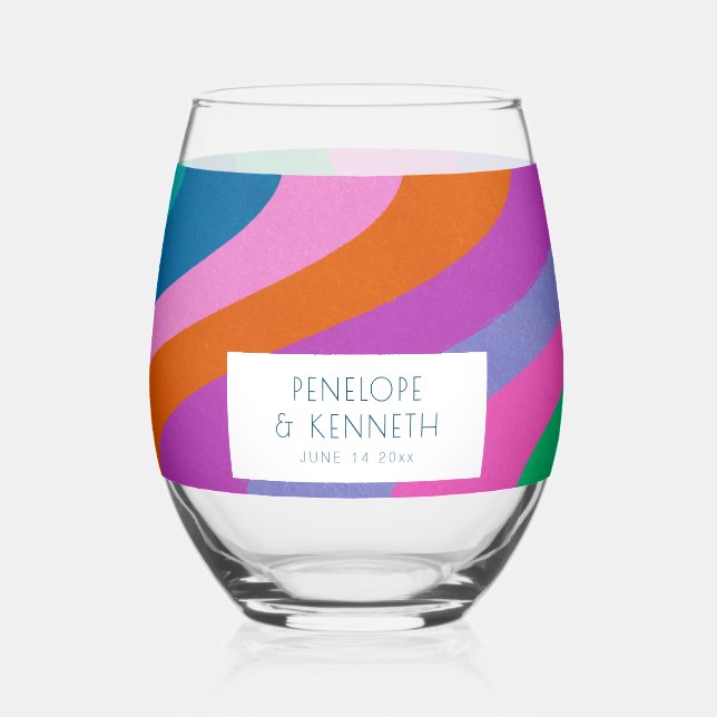 Groovy Colourful Green Purple Retro Wedding Custom Stemless Wine Glass (Front)