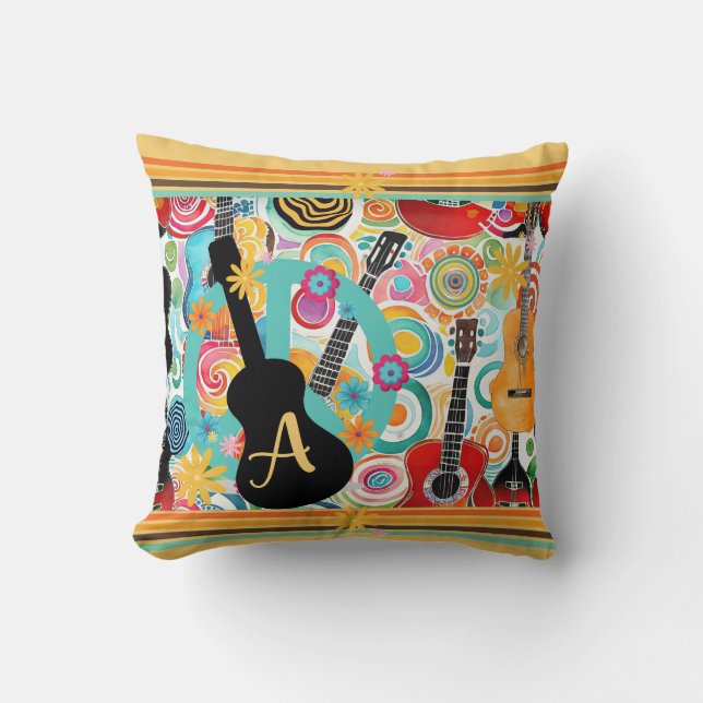 Groovy Colourful Guitars Throw Pillow (Front)