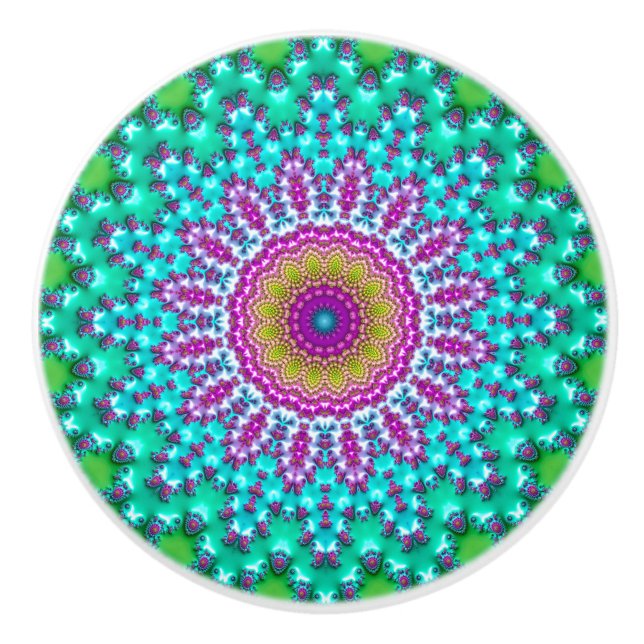Groovy Colourful Jewel Tone Boho Fractal Mandala Ceramic Knob (Front)
