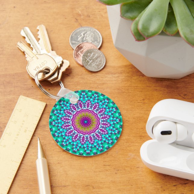 Groovy Colourful Jewel Tone Boho Fractal Mandala Keychain (Desk)