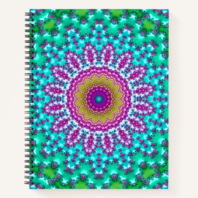 Groovy Colourful Jewel Tone Boho Fractal Mandala Notebook (Front)