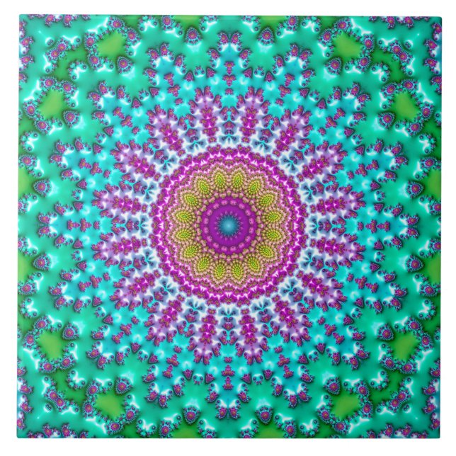 Groovy Colourful Jewel Tone Boho Fractal Mandala Tile (Front)