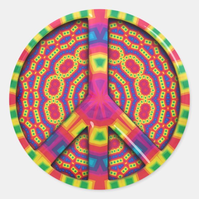 Groovy Colourful Peace Sign Classic Round Sticker (Front)