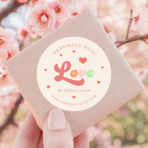 Groovy Colourful Retro Handmade with Love Heart Classic Round Sticker
