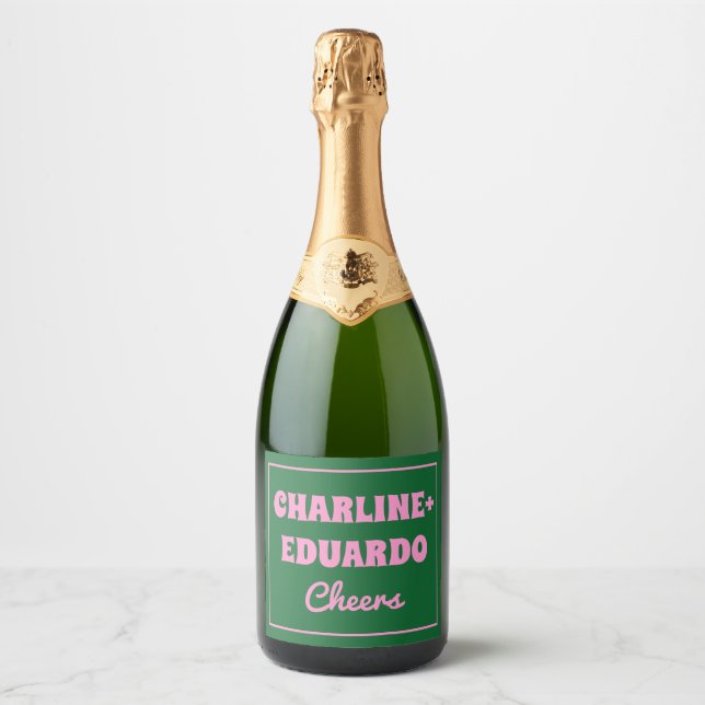 Groovy Colourful Retro Pink Green Wedding Sparkling Wine Label (Front)