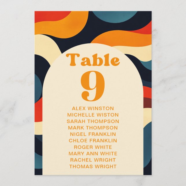 Groovy Colourful Retro Table Number Seating Chart (Front)