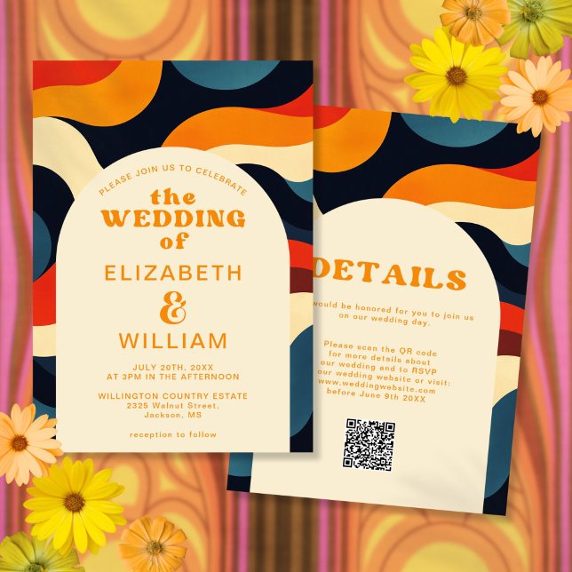 Groovy Colourful Retro Wavy Boho QR Code Wedding Invitation (Groovy Colorful Retro Wavy Boho QR Code Wedding Invitation)