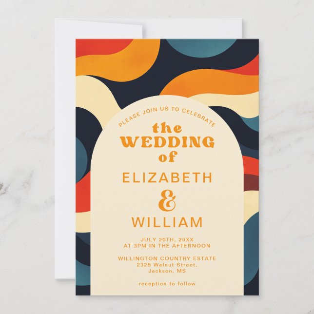 Groovy Colourful Retro Wavy Boho Wedding Invitation (Front)