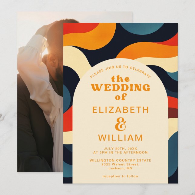 Groovy Colourful Retro Wavy Boho Wedding Photo Invitation (Front/Back)