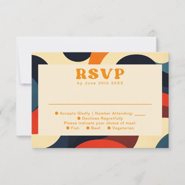 Groovy Colourful Retro Wavy Boho Wedding RSVP Card (Front)