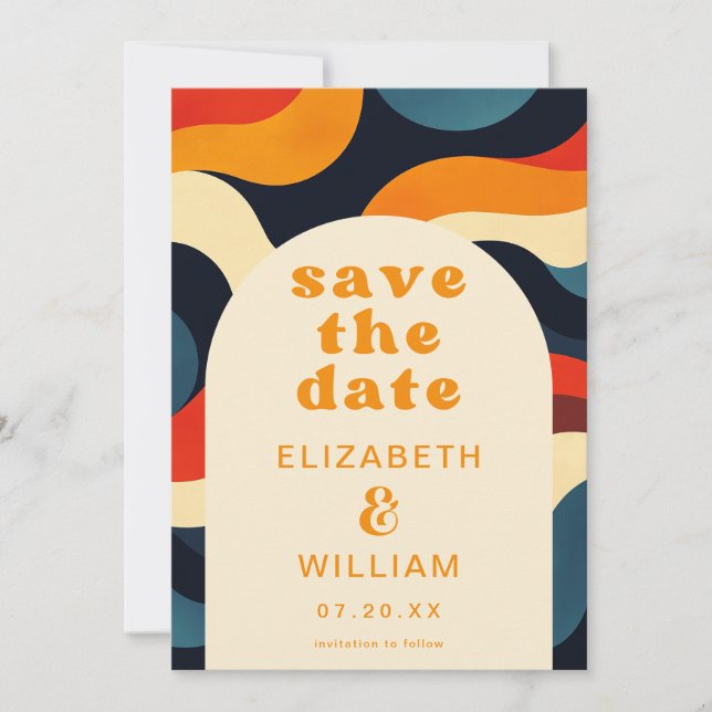 Groovy Colourful Retro Wavy Boho Wedding Save The Date (Front)