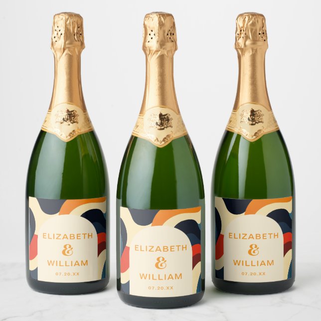 Groovy Colourful Retro Wavy Boho Wedding  Sparkling Wine Label (Bottles)