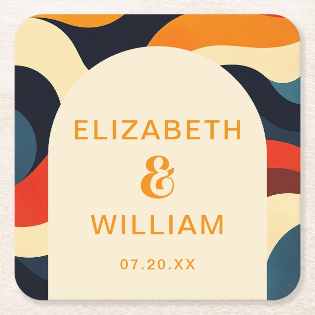 Groovy Colourful Retro Wavy Boho Wedding Square Paper Coaster (Front)