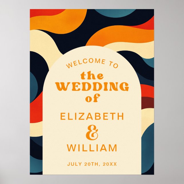 Groovy Colourful Retro Wavy Wedding Welcome Sign (Front)