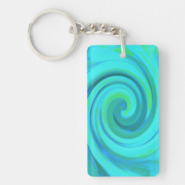 Groovy Cool Abstract Aqua Liquid Art Swirl Keychain (Front)