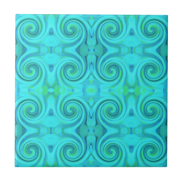 Groovy Cool Abstract Aqua Liquid Art Swirl Pattern Tile (Front)