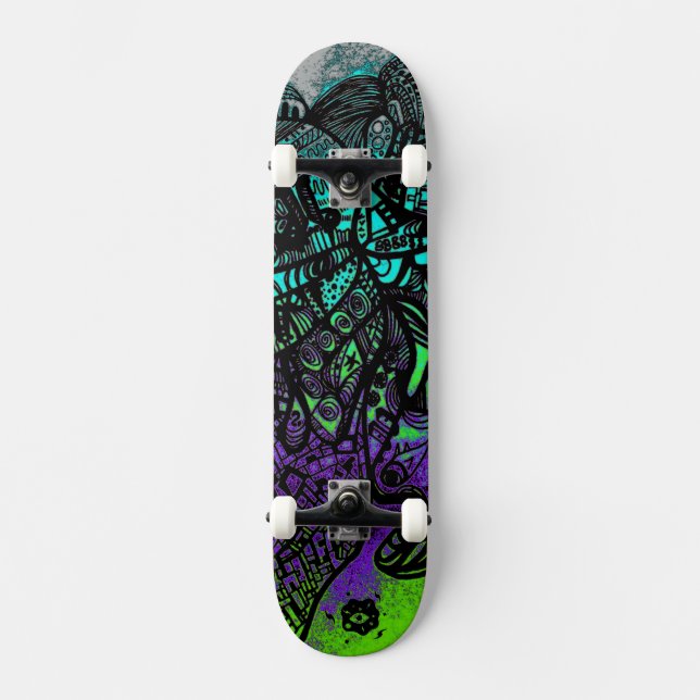 Groovy Cool Black Purple Green Abstract Art Skateboard (Front)