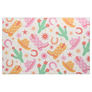 Groovy Cowgirl Boots and Hats Pattern with Cactus  Fabric