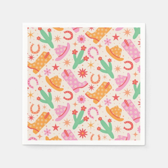 Groovy Cowgirl Boots and Hats Pattern with Cactus  Napkin (Front)