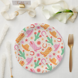 Groovy Cowgirl Boots and Hats Pattern with Cactus  Paper Plate