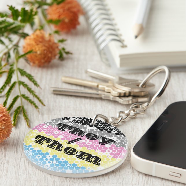 Groovy Customizable Pronoun Polygender Pride Flag Keychain (Front Right)