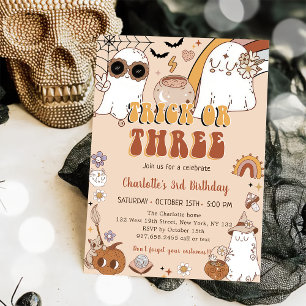 Groovy Cute Ghost Halloween 3rd Birthday Party Invitation