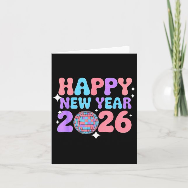 Groovy Cute Happy New Year 2026 Disco Ball  Card (Front)