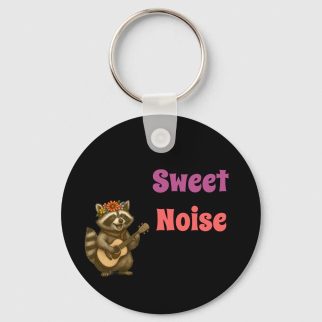 Groovy Cute Raccoon Floral Crown Guitarist Keychain (Front)