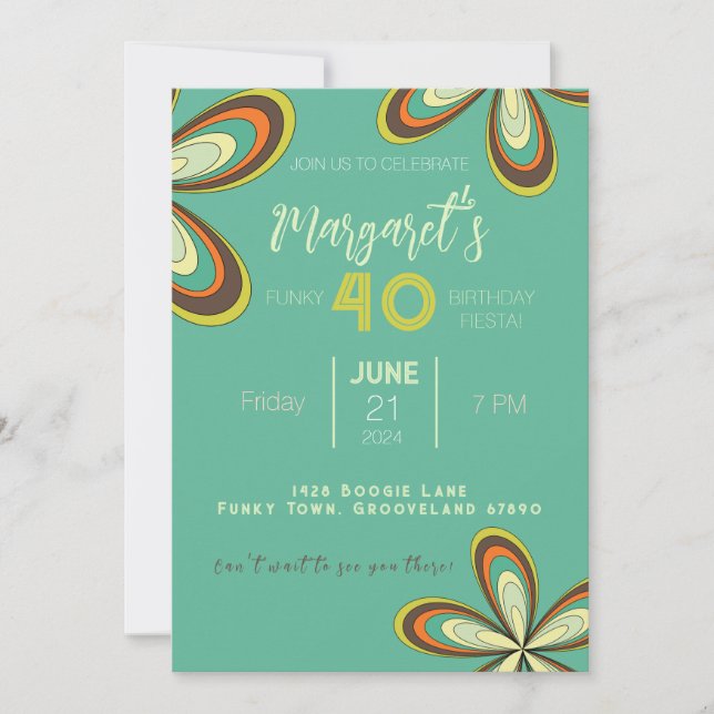 Groovy Cyan 40 Birthday Party 70s Hippie Flower  Invitation (Front)