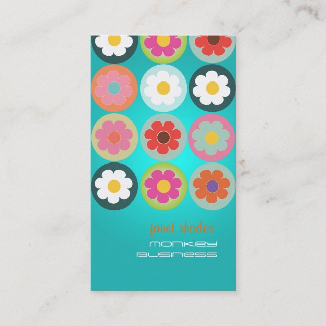 Groovy Daisies, fluorescent aqua Business Card (Front)