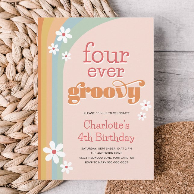 Groovy Daisies Girl's 4th Birthday Invitation (Creator Uploaded)