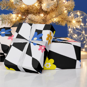 Groovy Daisy Floral Checkerboard, Y2K 90s  Wrappin Wrapping Paper