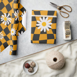 Groovy Daisy Floral Checkerboard, Y2K 90s  Wrapping Paper