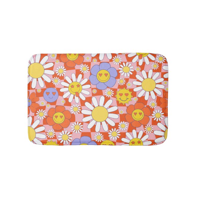Groovy Daisy Floral Chequerboard, Y2K 90s Bath Mat (Front)