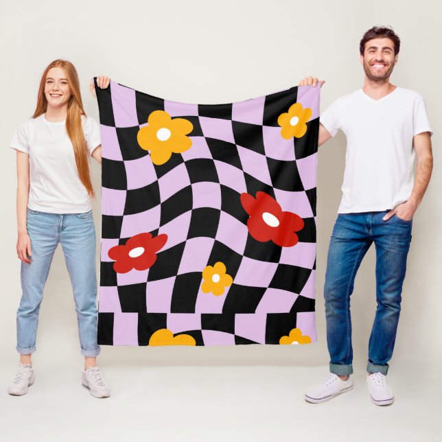 Groovy Daisy Floral Chequerboard, Y2K 90s Fleece Blanket (In Situ)