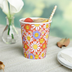 Groovy Daisy Floral Chequerboard, Y2K 90s Paper Cups