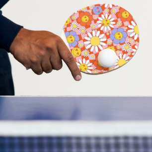 Groovy Daisy Floral Chequerboard, Y2K 90s  Ping Pong Paddle