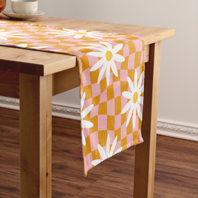 Groovy Daisy Floral Chequerboard, Y2K 90s  Short Table Runner (In Situ)