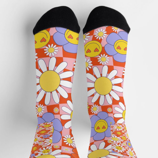 Groovy Daisy Floral Chequerboard, Y2K 90s Socks (Top)