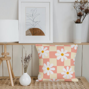 Groovy Daisy Floral Chequerboard, Y2K 90s Throw Pillow