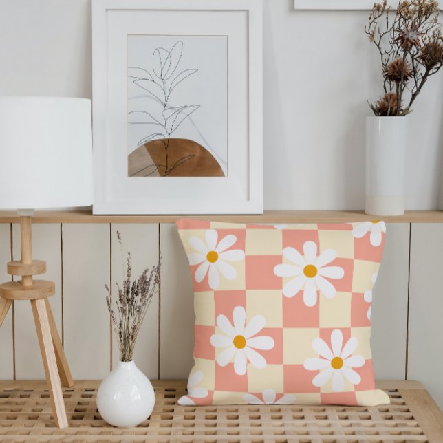 Groovy Daisy Floral Chequerboard, Y2K 90s Throw Pillow (Creator Uploaded)