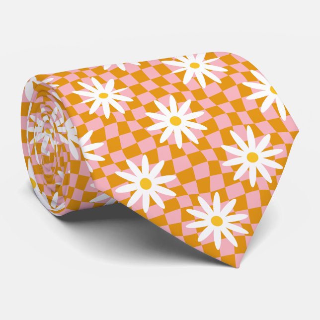 Groovy Daisy Floral Chequerboard, Y2K 90s  Tie (Rolled)