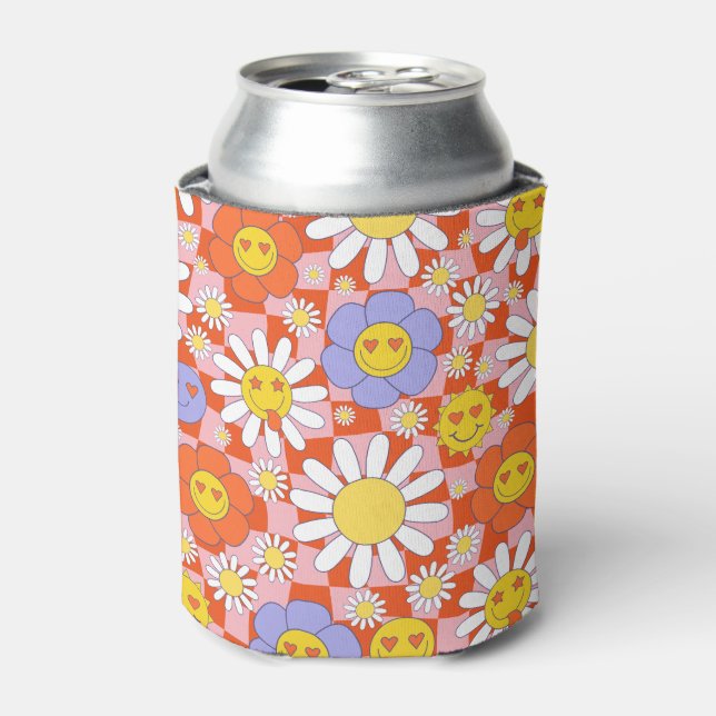 Groovy Daisy Floral Chequerboard, Y2K 90s , Y2K  Can Cooler (Can Front)