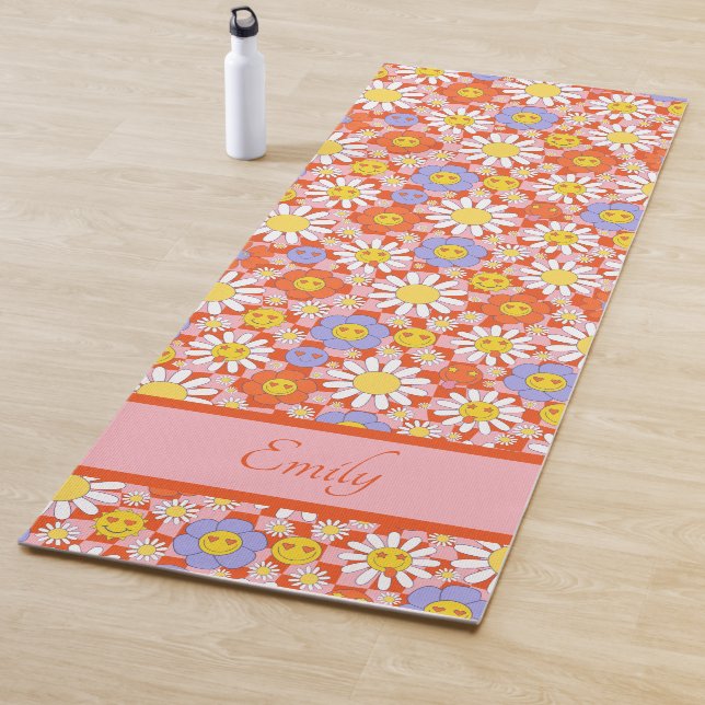 Groovy Daisy Floral Chequerboard, Y2K 90s Yoga Mat (In Situ)