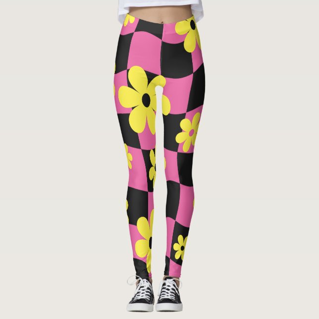 Groovy Daisy Floral Heart Chequerboard, Y2K 90s Leggings (Front)