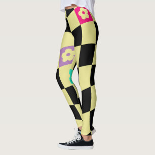 Groovy Daisy Floral Heart Chequerboard, Y2K 90s Leggings