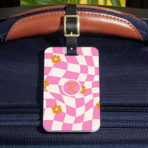 Groovy Daisy Floral Heart Chequerboard, Y2K 90s Luggage Tag