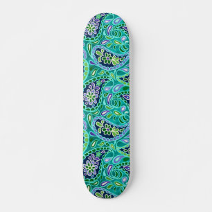 Groovy Daisy Paisley BoHo Watercolor Teal Skateboard